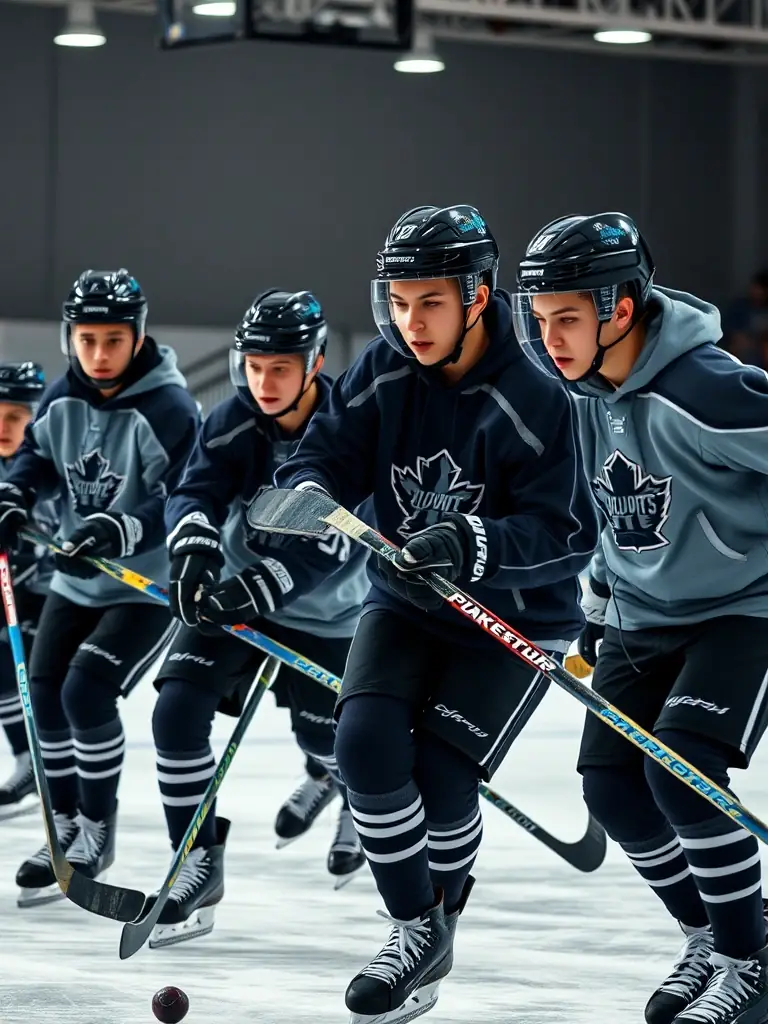 A photo of teenagers engaged in a fast-paced ice hockey training session, emphasizing skill enhancement and teamwork.