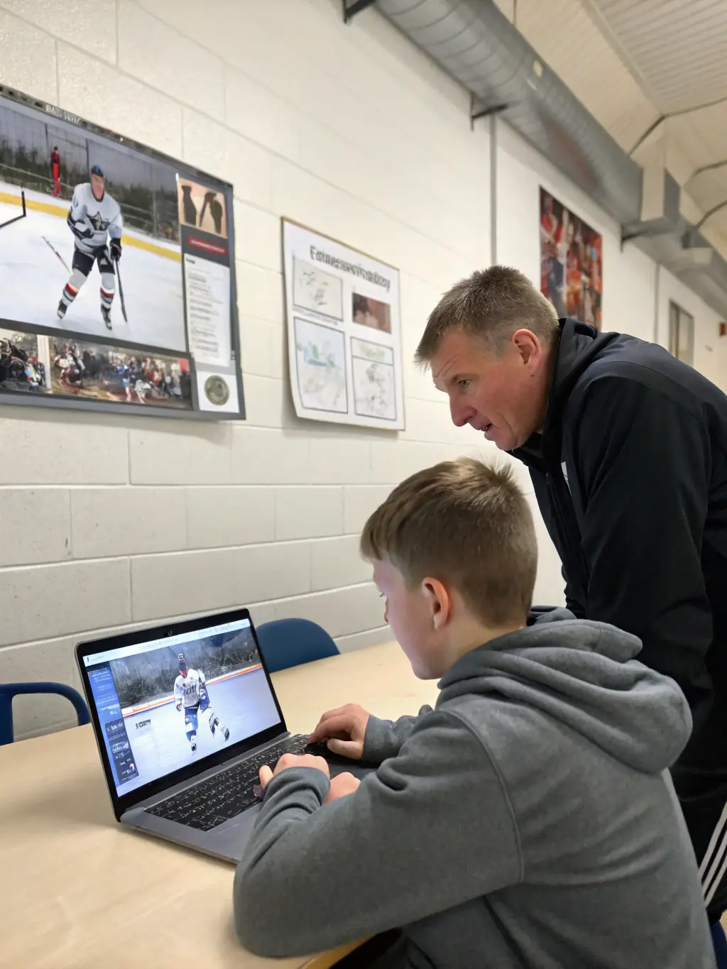 Image of coaches providing one-on-one instruction to a player at Meudon Hockey Club, emphasizing personalized development and mentorship.