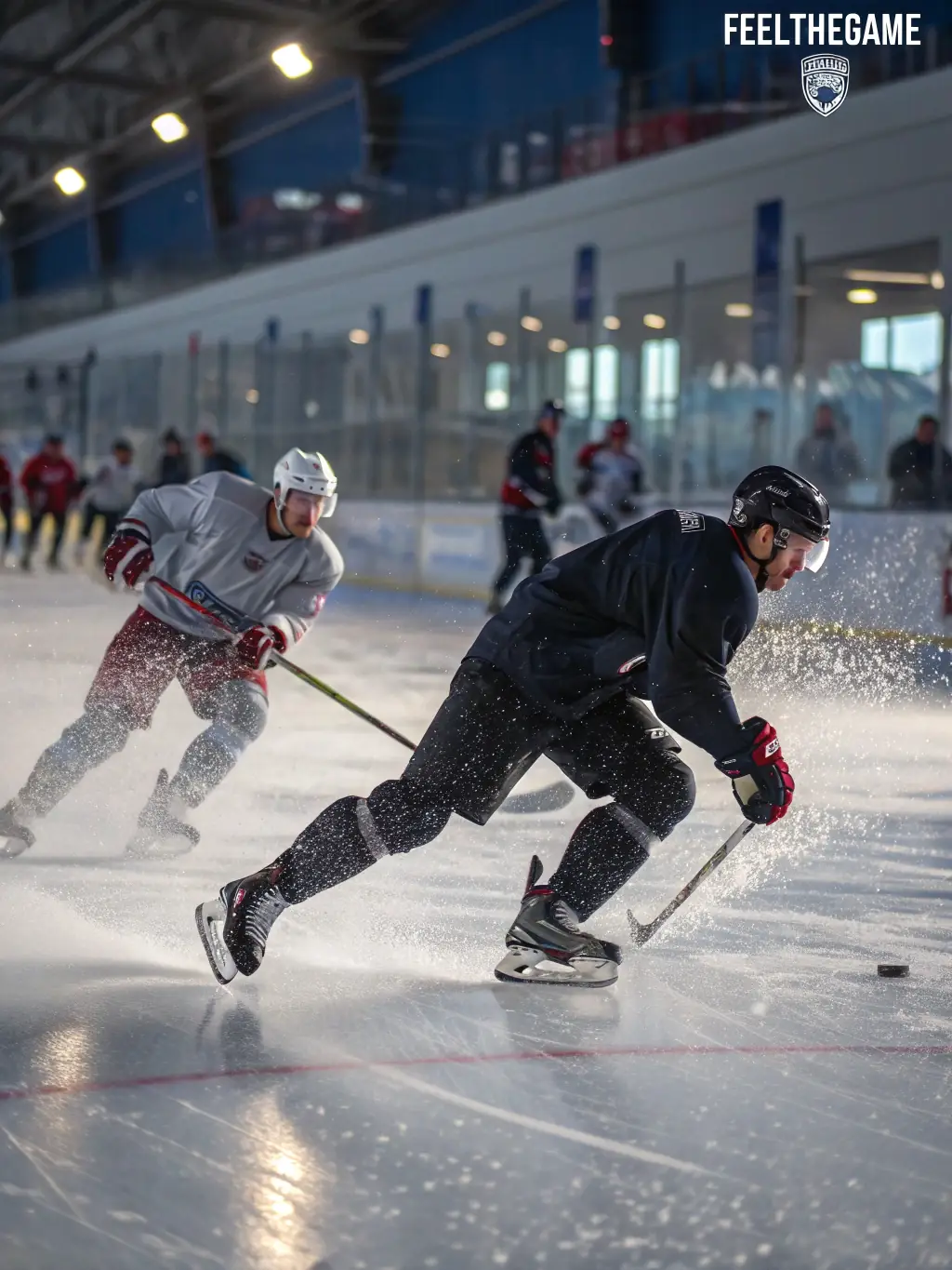 Image of teenage players in full gear during an advanced training drill at Meudon Hockey Club, emphasizing skill development and competition.