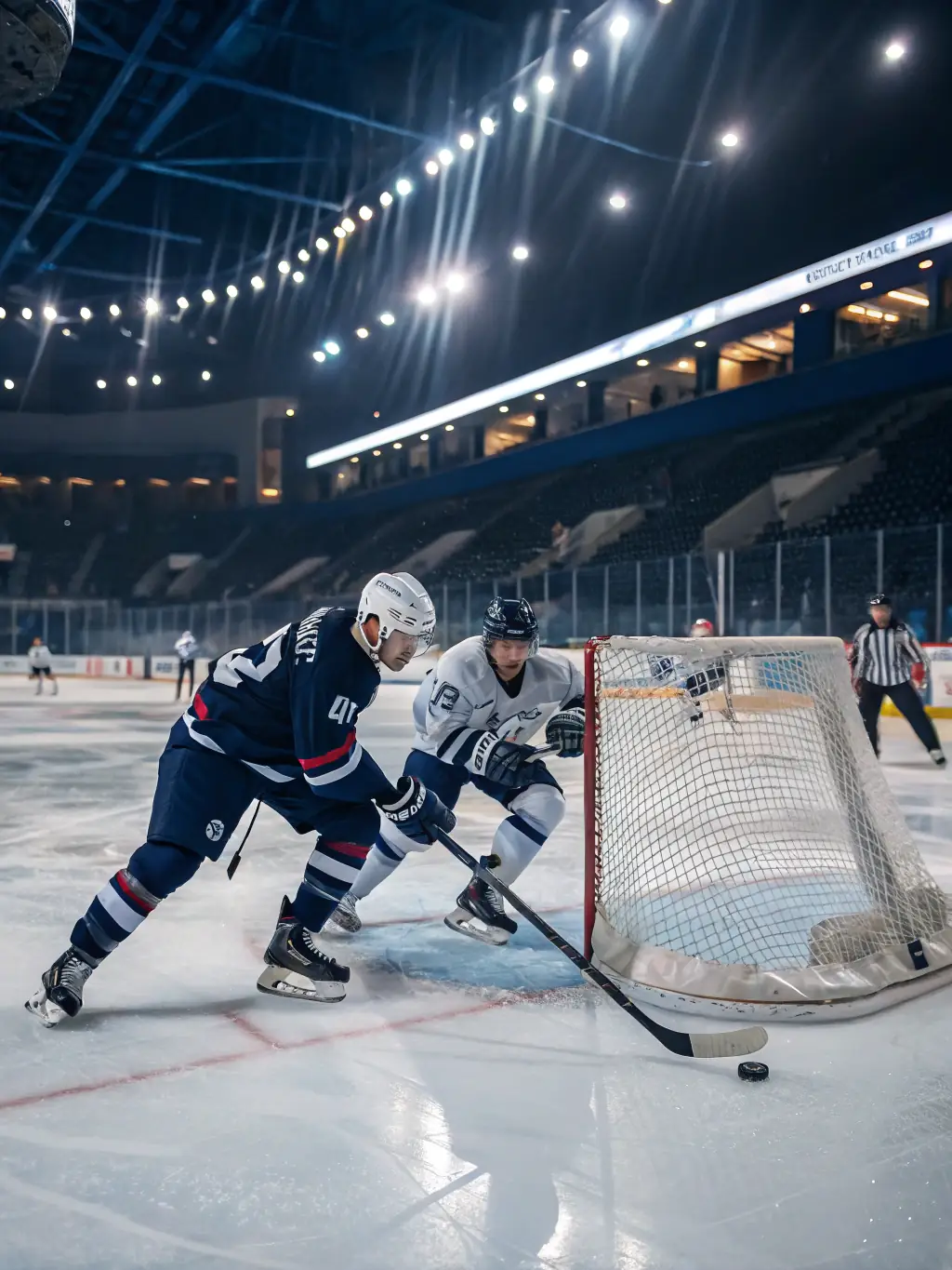 A group of adult players participating in a recreational hockey league game at Meudon Hockey Club, highlighting community and fitness.