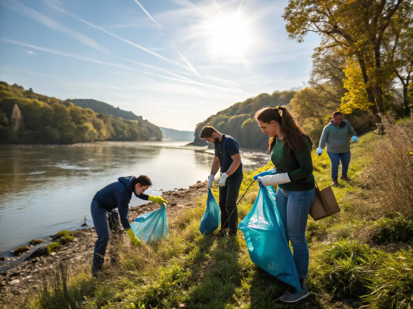 A focused image of AAPPMA members participating in a river cleanup, removing debris and waste, highlighting their dedication to maintaining clean and healthy aquatic habitats.